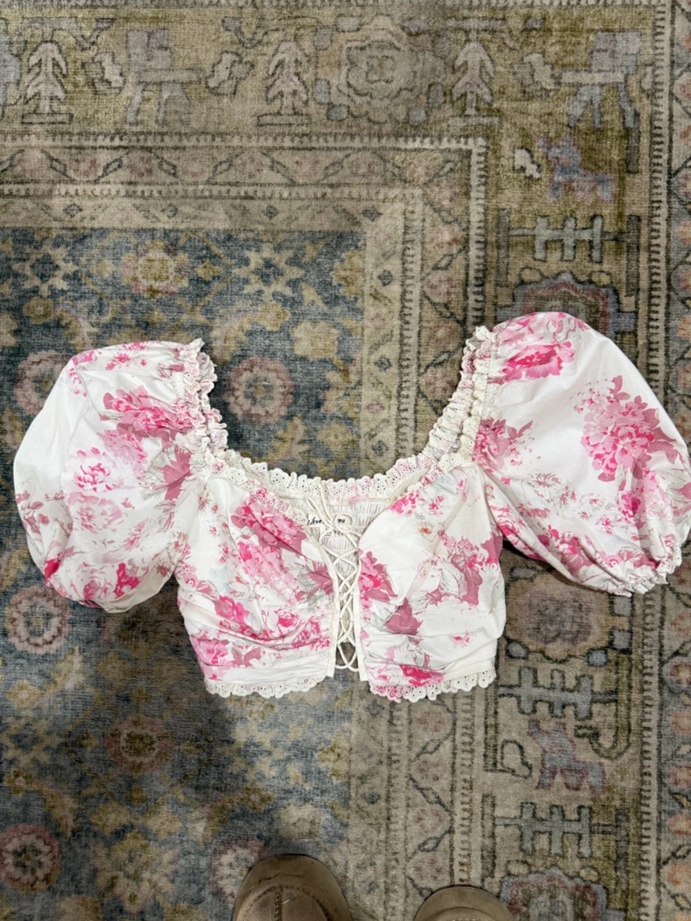 For Love & Lemons White & Pink Floral Puff-Sleeve Crop Top with Lace-Up Front